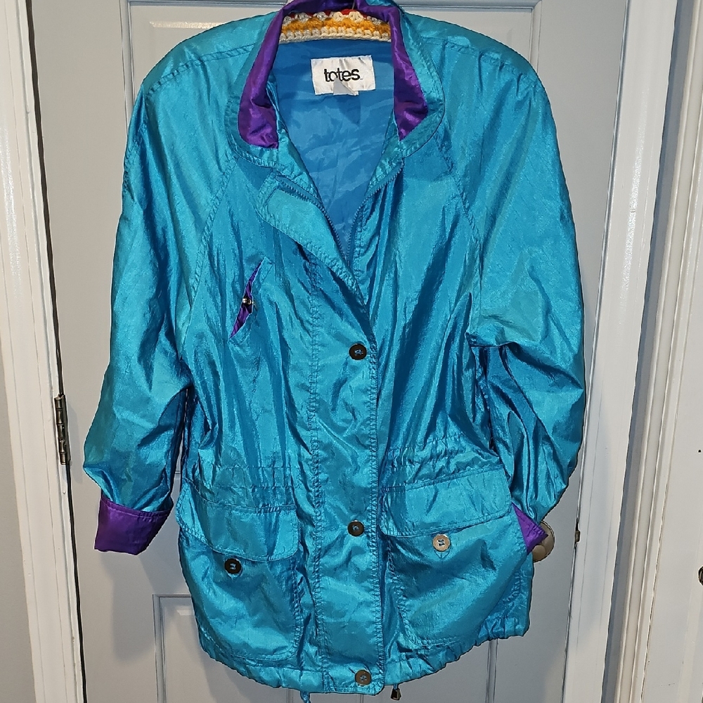 Totes Women Blue Purple Windbreaker Jacket 80s Outerwear Size Large Vintage